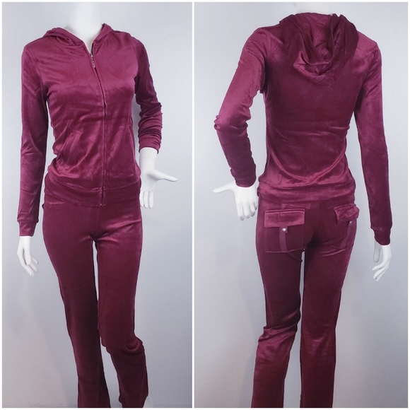 Burgundy velour hoodie and pant set - Picture 1 of 2